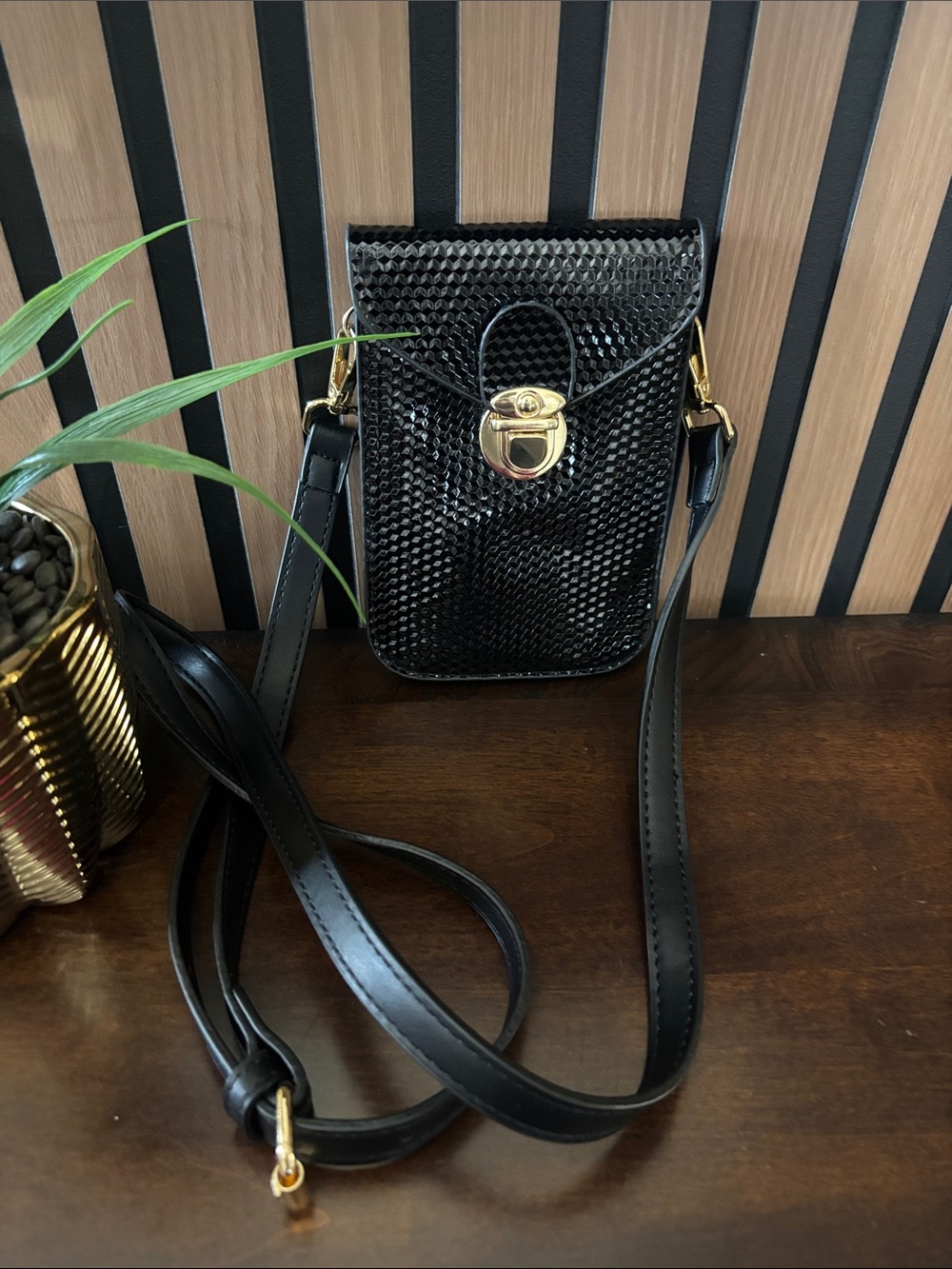 Black Textured Crossbody Phone Bag with Gold Hardware